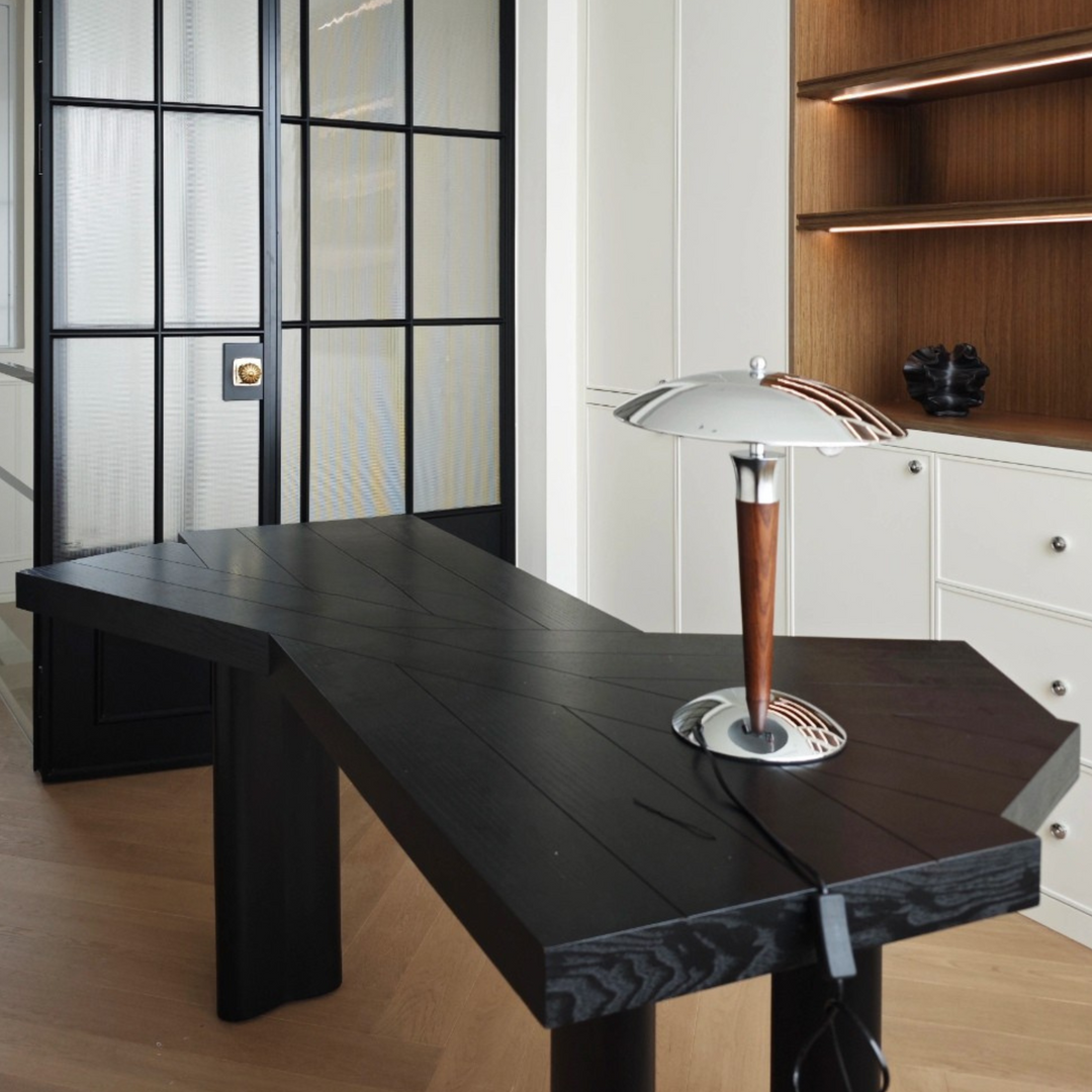 Aesthetic home lighting featuring Japandi table lamp on a sideboard.