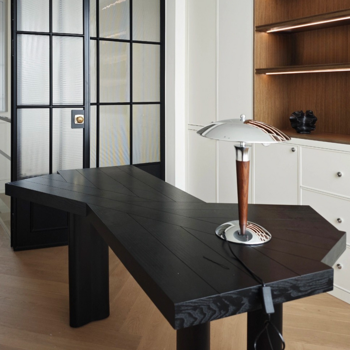 Aesthetic home lighting featuring Japandi table lamp on a sideboard.