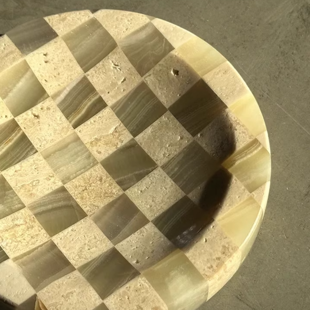 Close-up of the jade marble and travertine checkerboard tray, highlighting its intricate design.