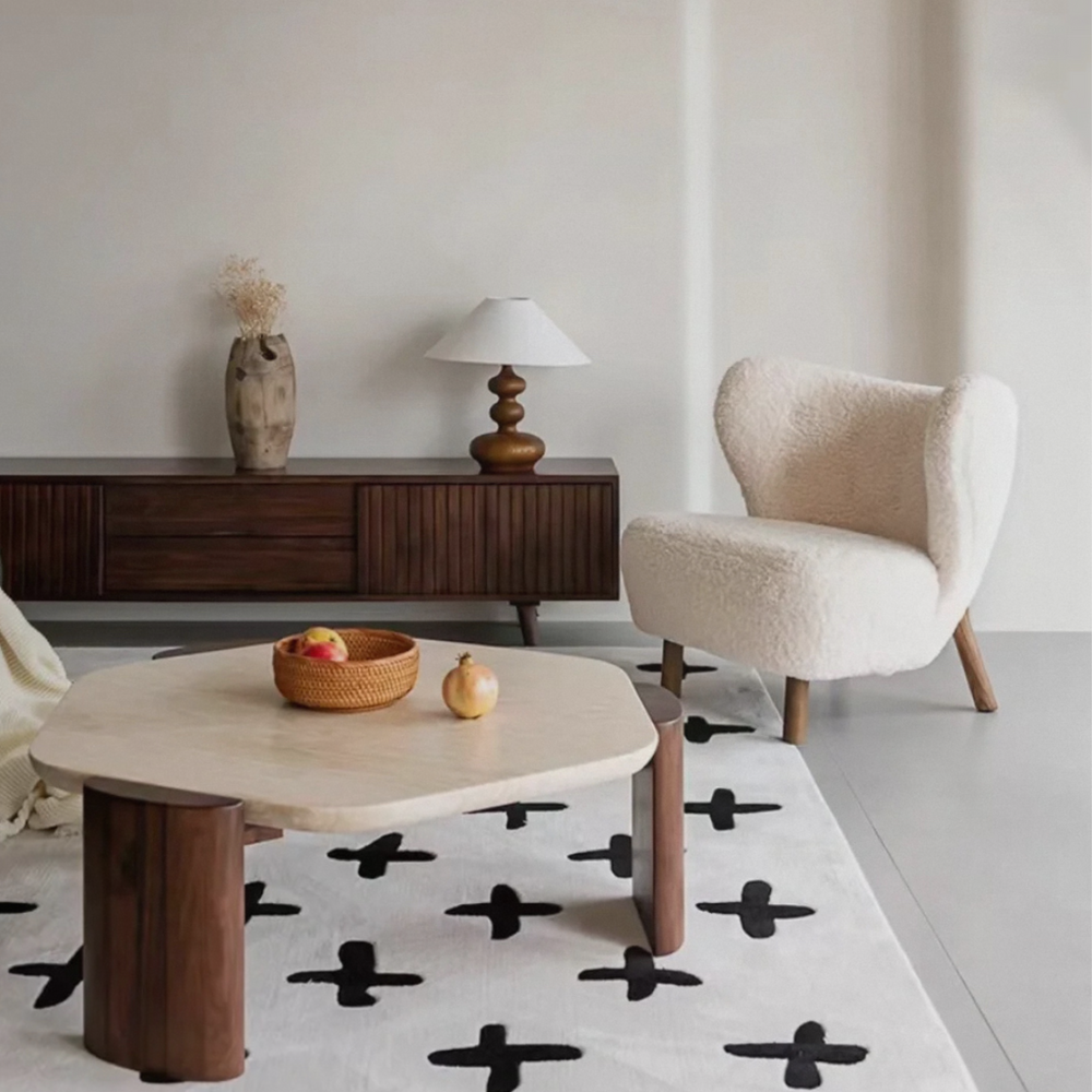 Textured wooden table lamp with an elegant wavy form, suitable for Japandi and Scandinavian styles.