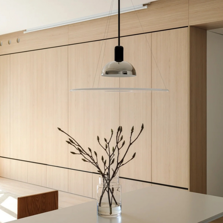 Close-up of modern kitchen with chrome pendant light and light wood cabinetry