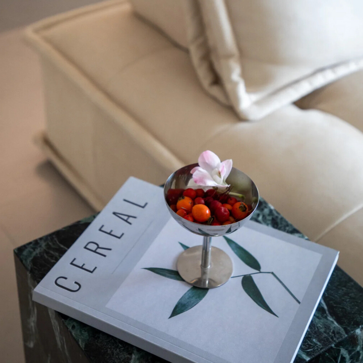 Hand-polished stainless steel coupe displayed on a coffee table, styled with a designer book and flower accent.