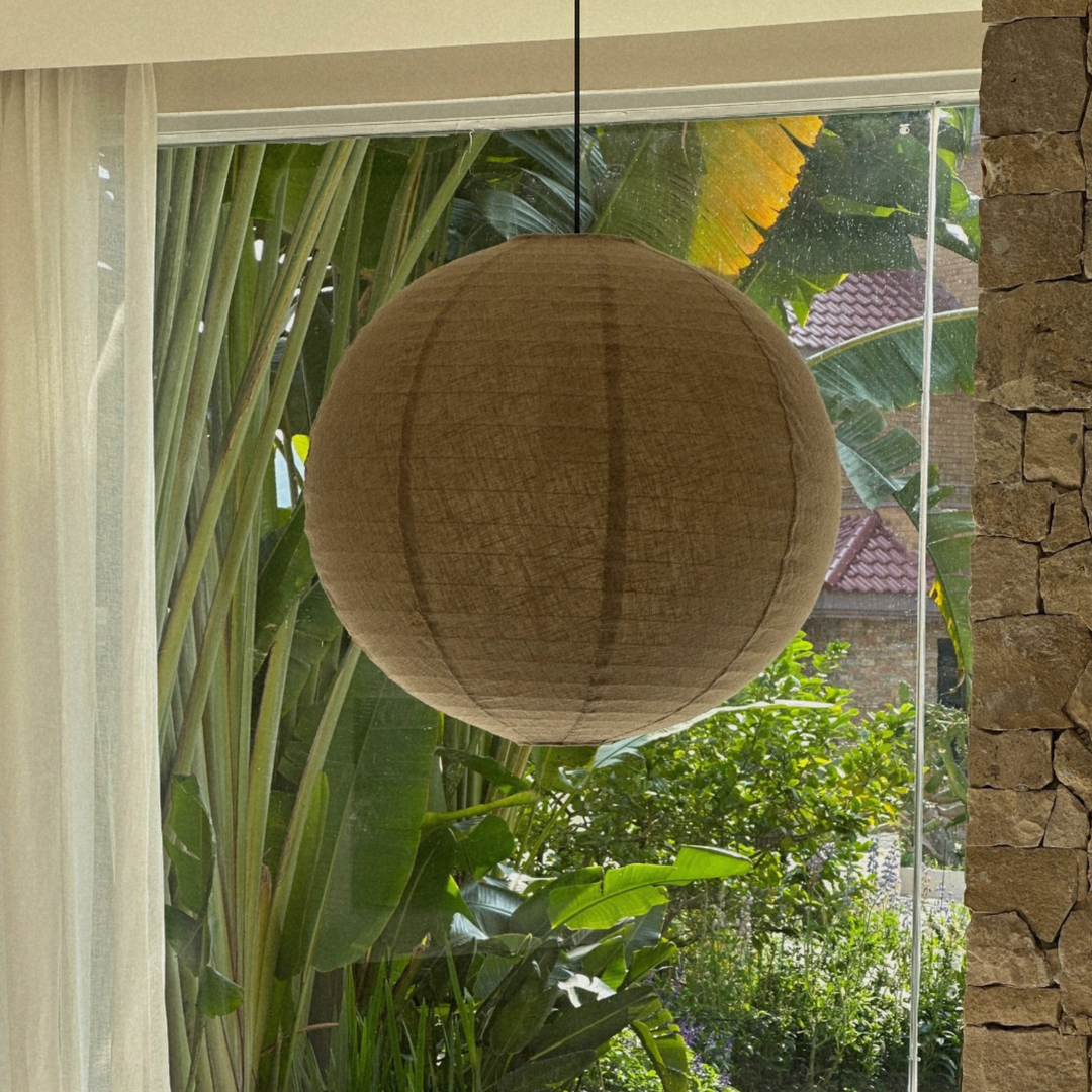 Cotton-blend pendant light suited for Japandi and Wabi-Sabi interiors.