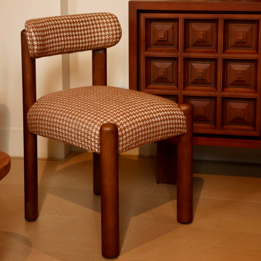 Mid-century modern chair with classic houndstooth pattern and sturdy Oak wooden frame, perfect for stylish interiors.