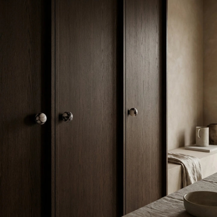minimal dark closet doors featuring small bulgari marble cabinet knobs.