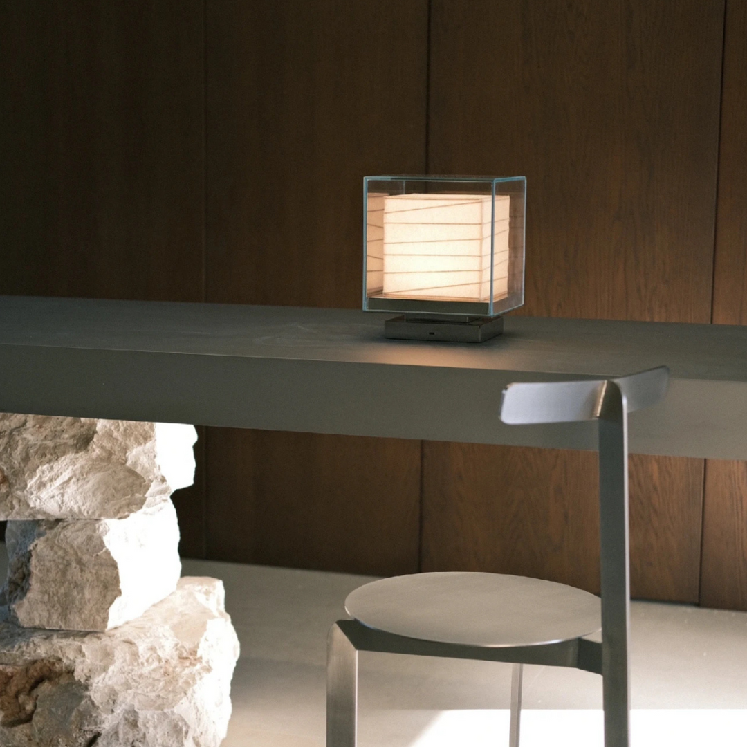 Japandi table lamp styled in bright minimalist room with textured materials