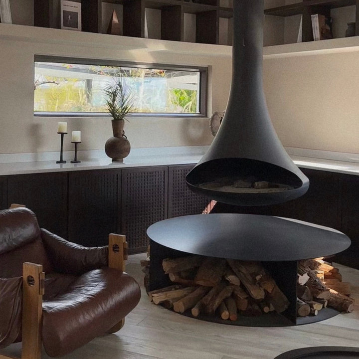 modern wooden vase positioned on a shelf adding organic texture to the interior.