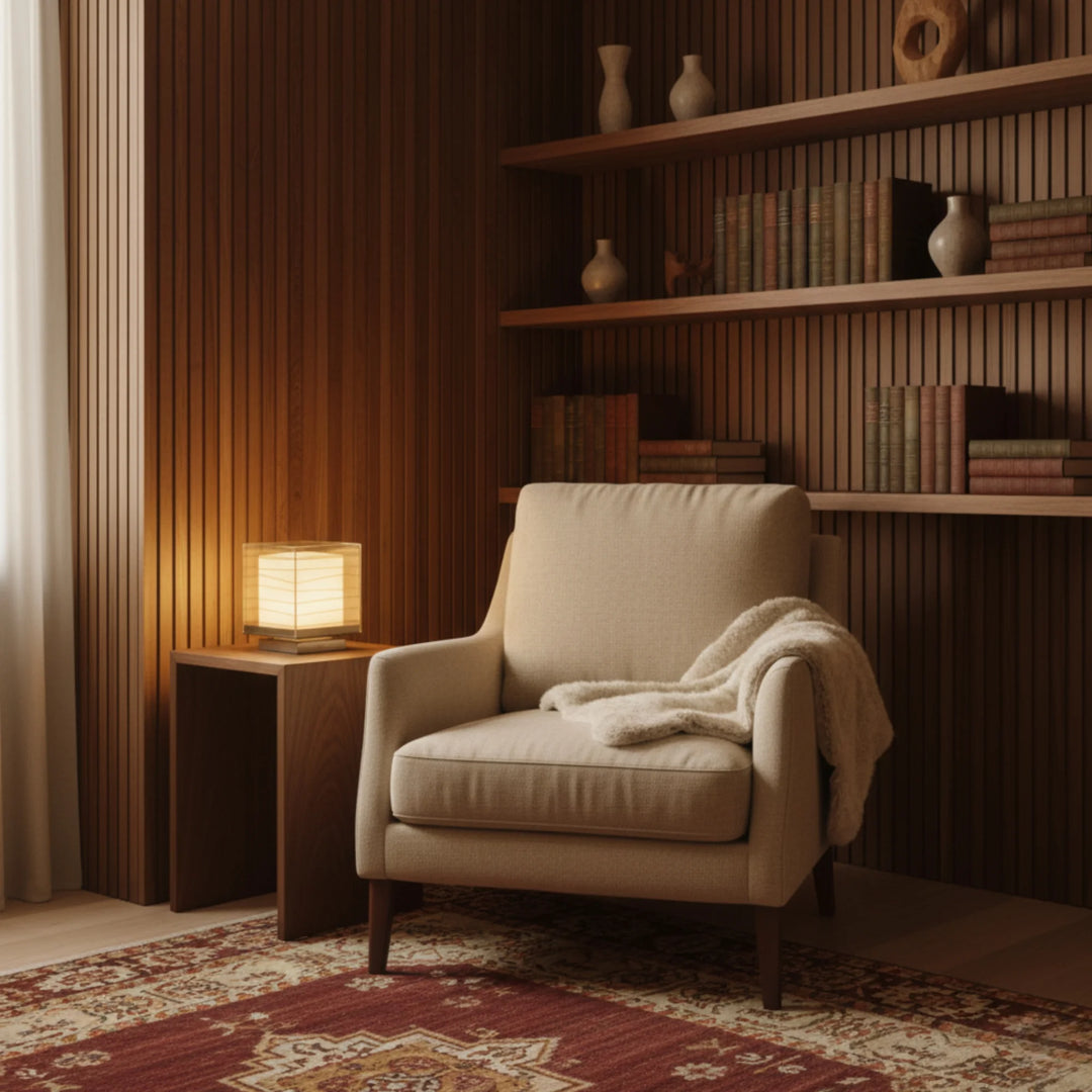 Nara lamp glowing beside an armchair in a cozy reading nook with wood walls