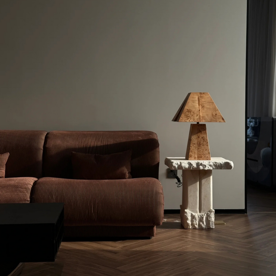 Natural burl bark table lamp in a modern interior, perfect for adding a touch of nature to contemporary decor.