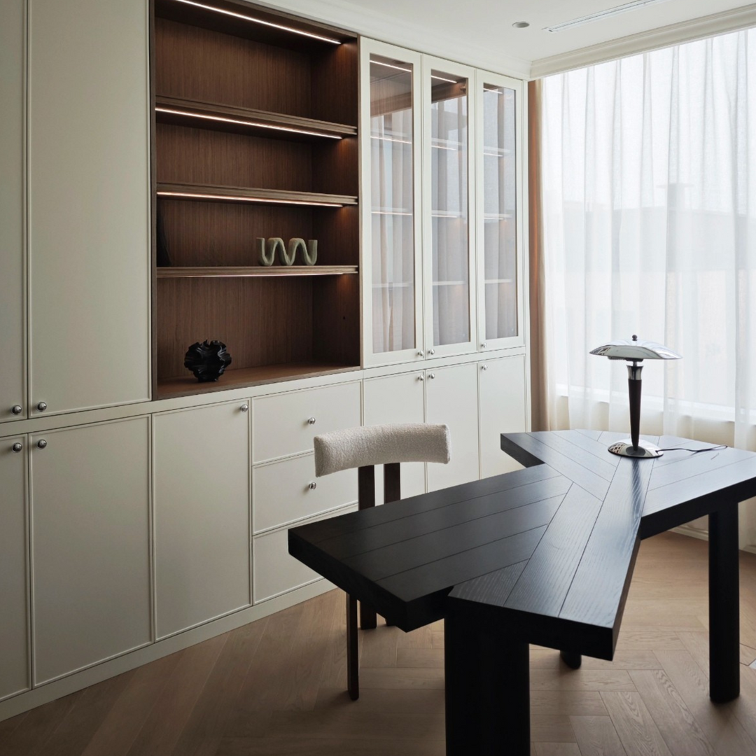 Organic modern lighting accent with chrome and walnut wood lamp.