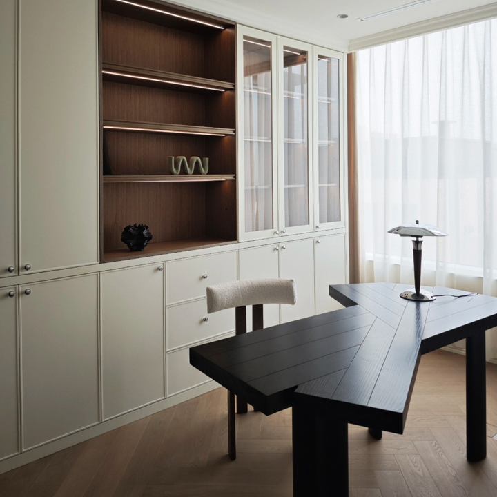 Organic modern lighting accent with chrome and walnut wood lamp.