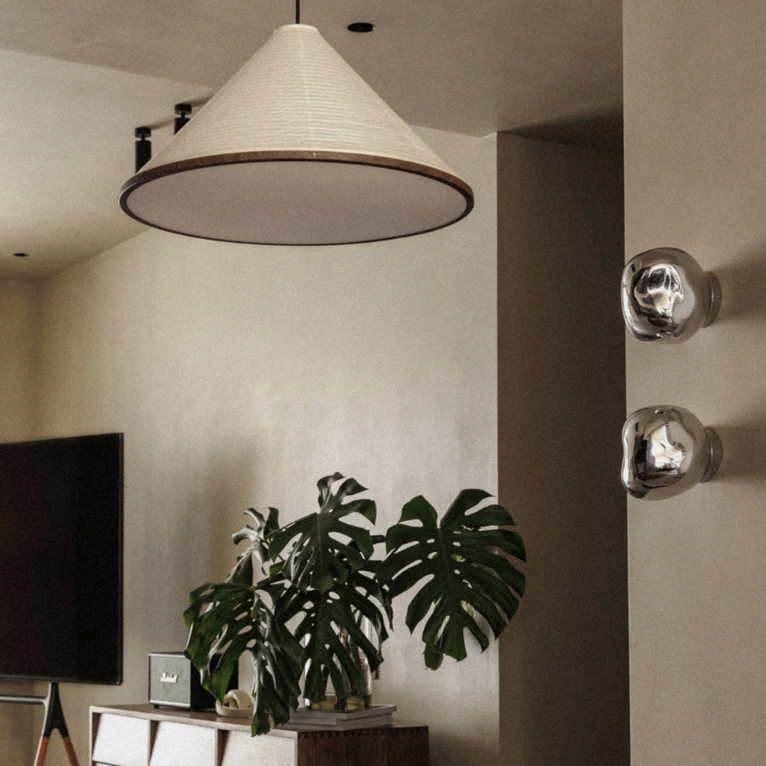 paper pendant light suspended in a living area near plants and furniture.