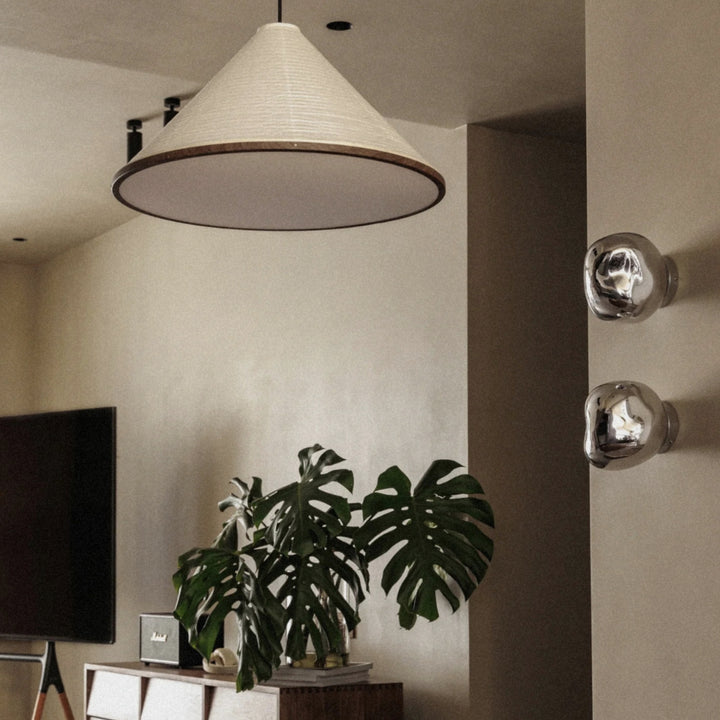 paper pendant light suspended in a living area near plants and furniture.