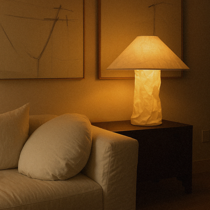 Sculptural table lamp with warm glow in Japandi-inspired bedroom.