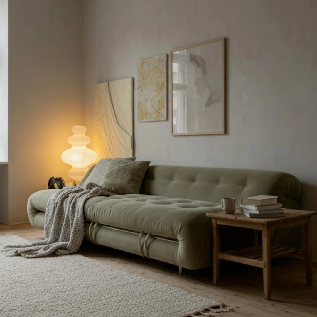 Sinsu floor lamp glowing softly behind a green sofa in a calm neutral-toned living room.