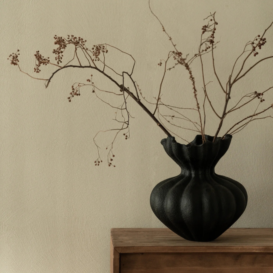 Stylish black vase with delicate dried twigs set against a soft painted wall and wooden furniture