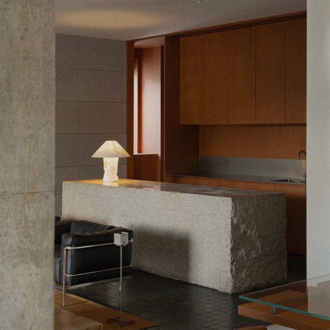 table lamp used on a kitchen counter adding soft lighting to a warm space.