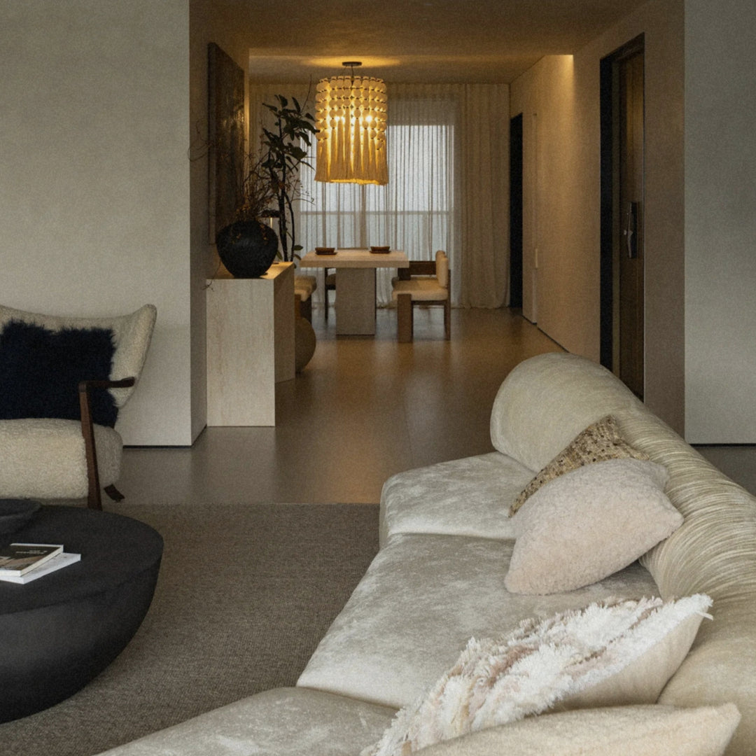 tassel cotton pendant light illuminating a contemporary interior with warm ambient lighting.